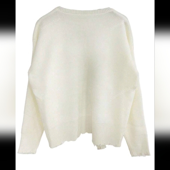 Solid Color Cardigan With Pearl Trimmed Distressed Hem, Long Sleeve Wool - Picture 5 of 5